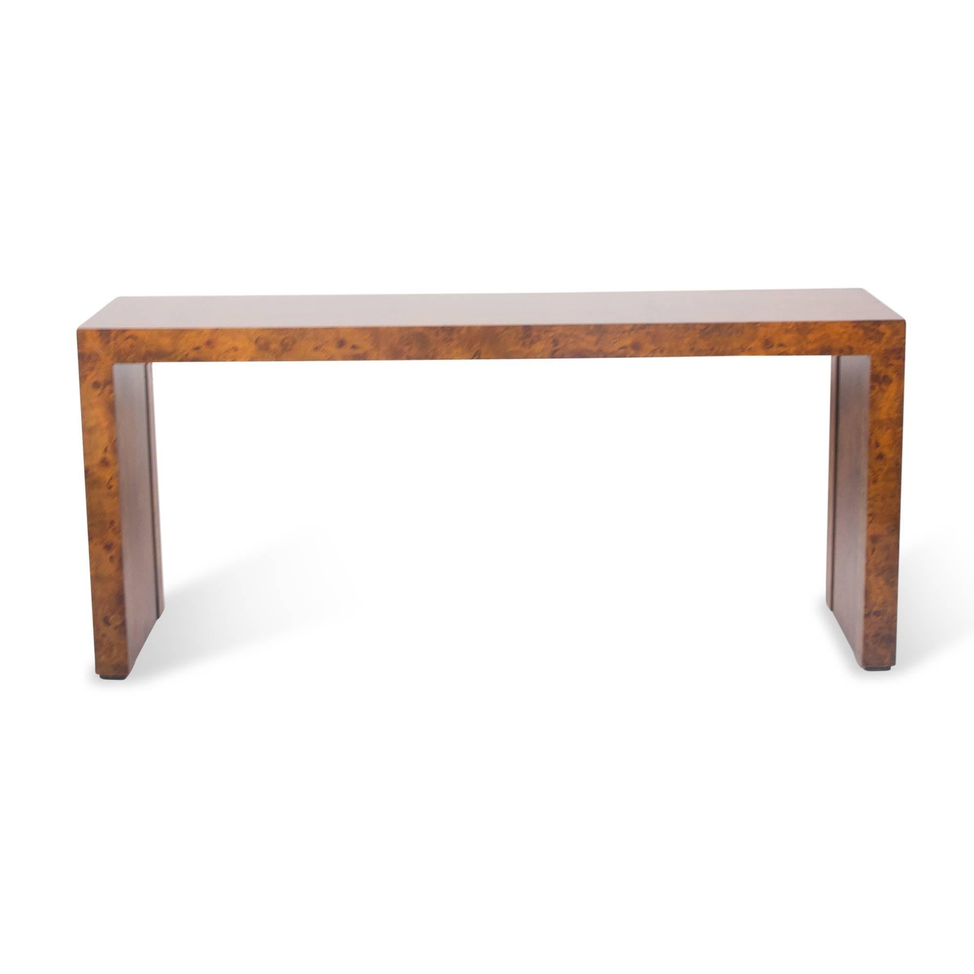 Mid-20th Century Burl Wood Parsons Style Console Table For Sale