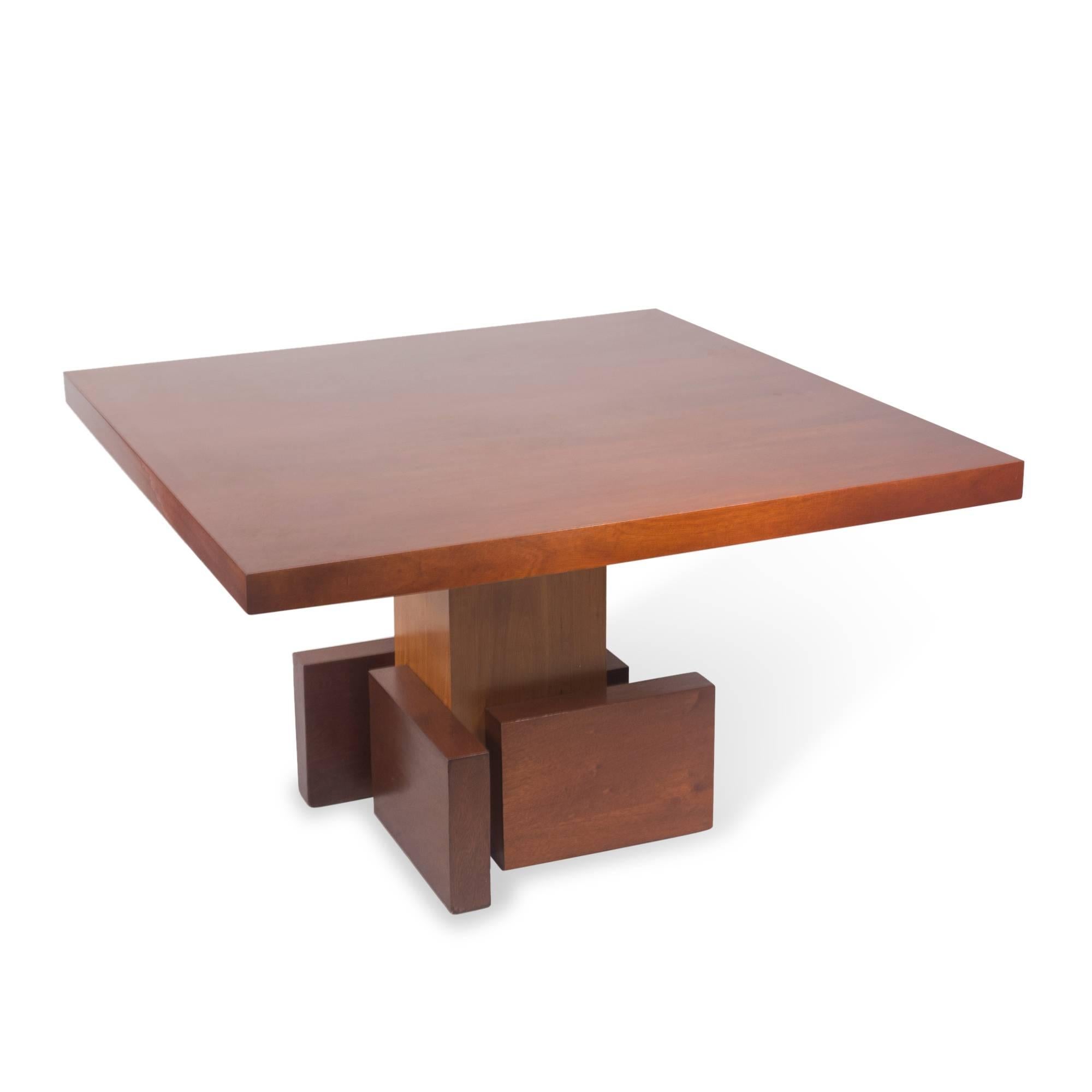 Mahogany Cubist Pedestal Base Square Dining Table, French, 1930s For Sale