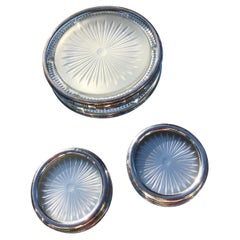 Vintage Two French Wine coasters and a Trivet thick glass and silver plate circa 1930