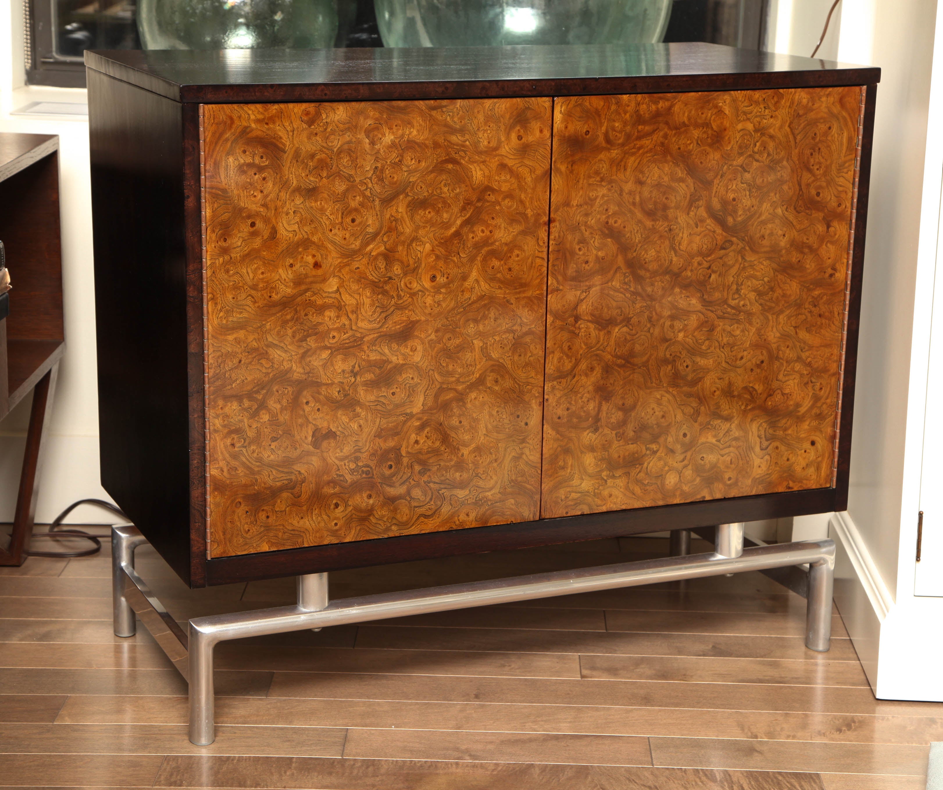 Small Chest/bar with burl front and tubular aluminum base c. 1960