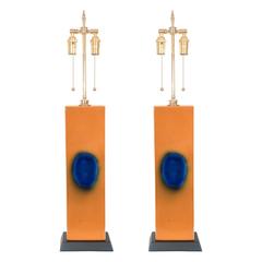 Pair of Orange Glazed Ceramic Lamps