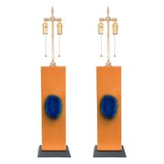 Pair of Orange Glazed Ceramic Lamps