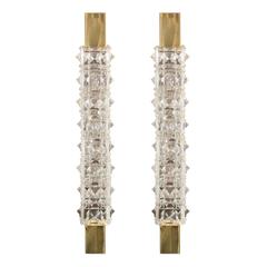 Pair of Narrow Polished Brass and Crystal Sconces