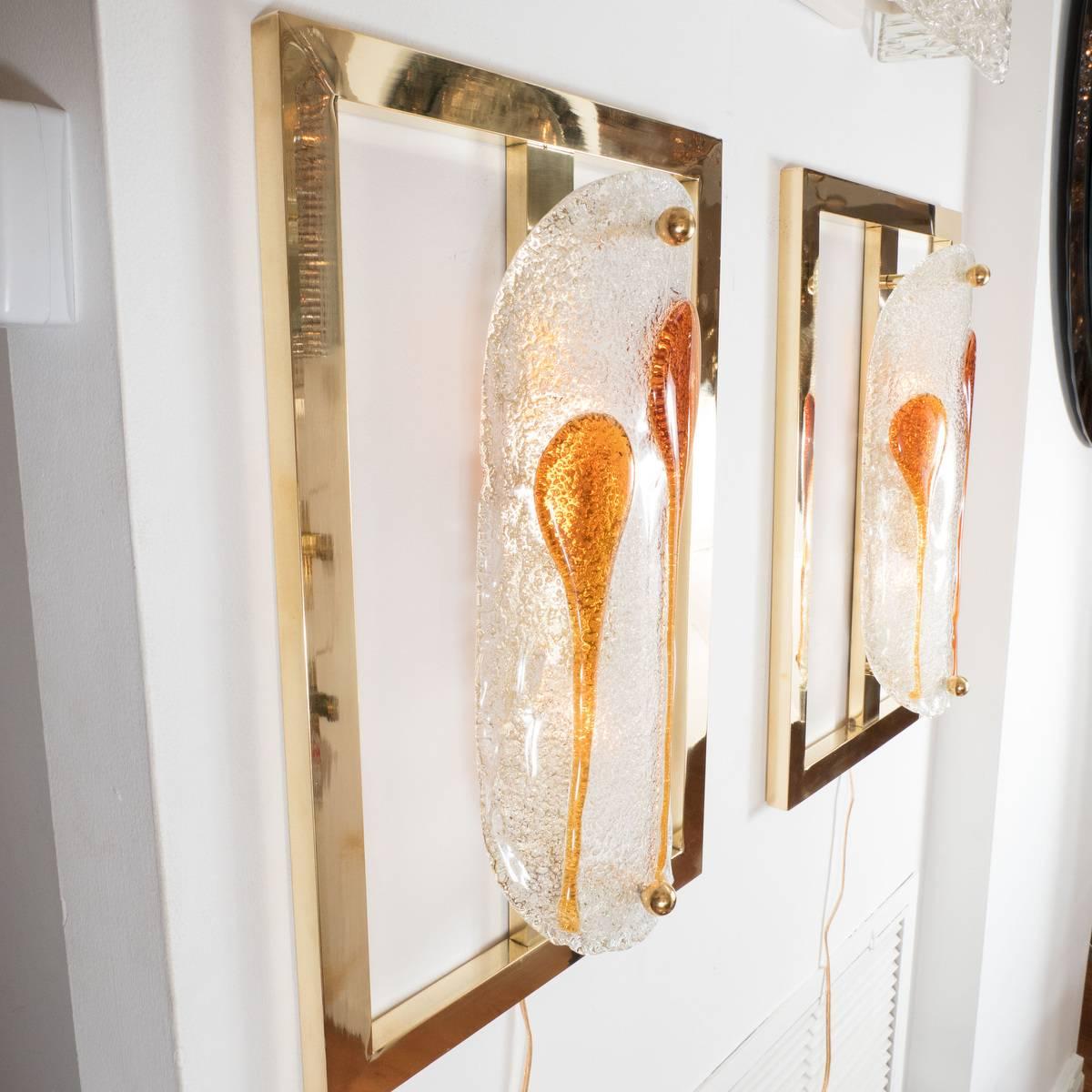 Mid-Century Modern Pair of Brass Open Frame Sconces For Sale