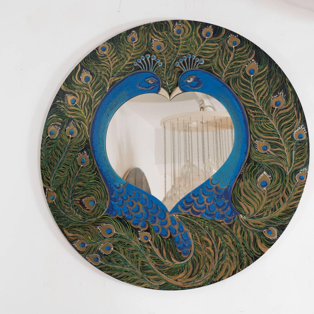 Painted peacock motif mirror.