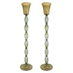 Pair of Light Olive Murano Glass Floor Lamps