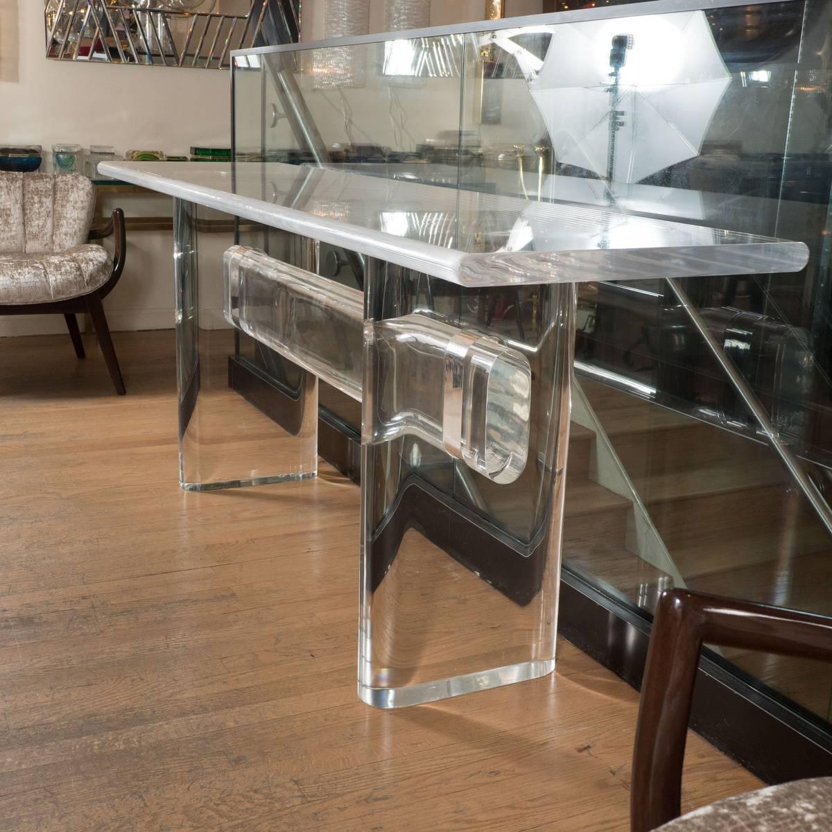 Rectangular Lucite console table by Karl Springer. Signed.