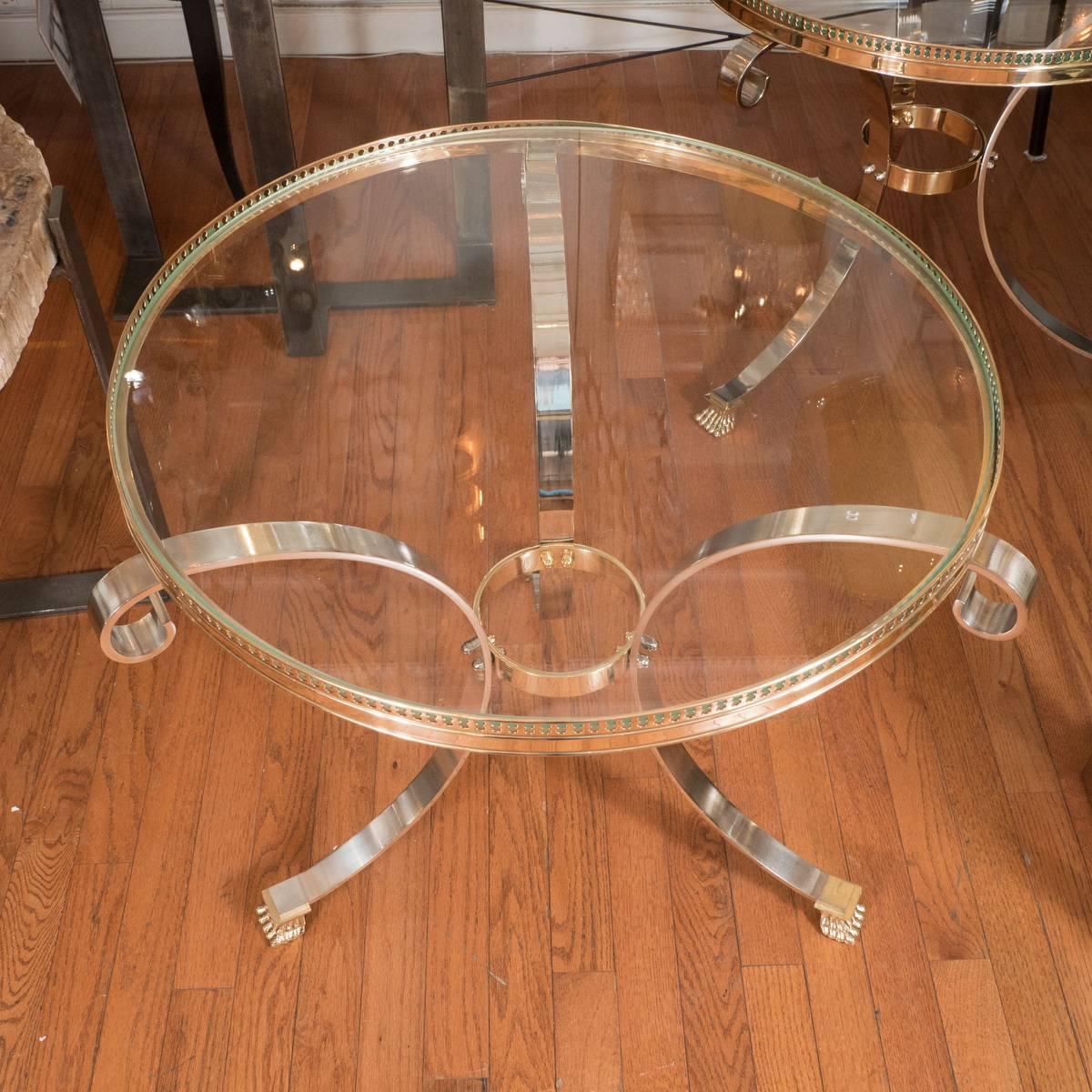 Italian Pair of Polished Nickel and Brass Tripod Tables