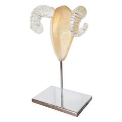 Gold and Clear Murano Glass Ram Head Sculpture