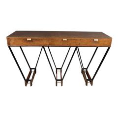 Wood and Brass Console with Blackened Metal Base 2