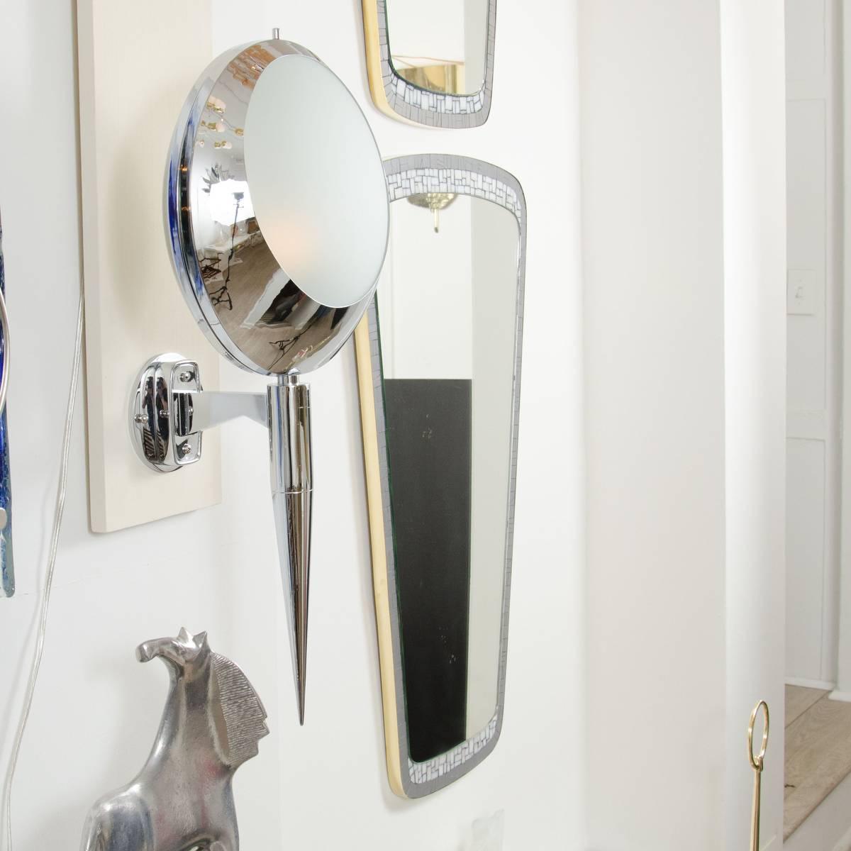 Mid-Century Modern Pair of Chrome Circular Sconces with Frosted Glass Shades