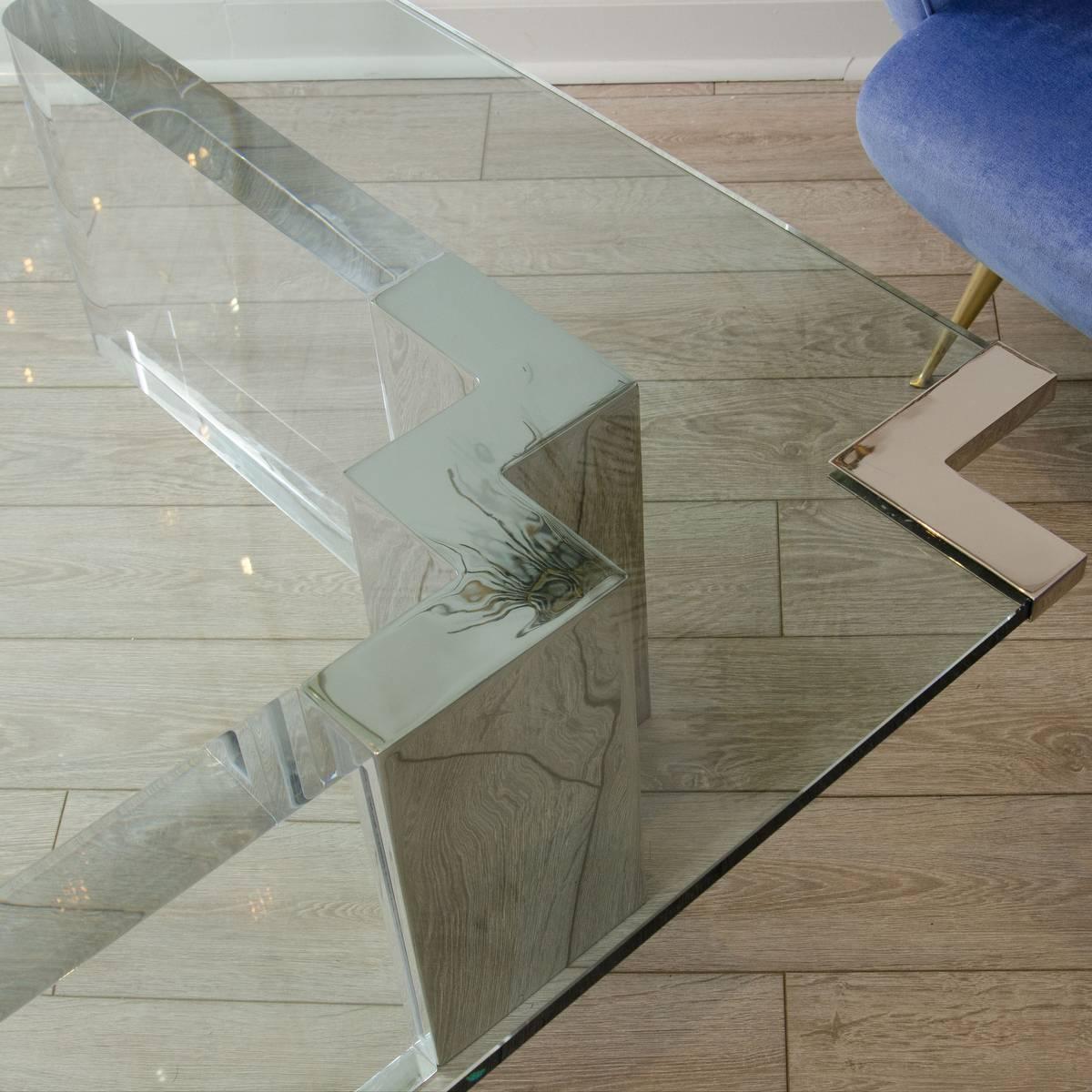 Mid-Century Modern Wedge Form Lucite and Glass Coffee Table with Chrome Details