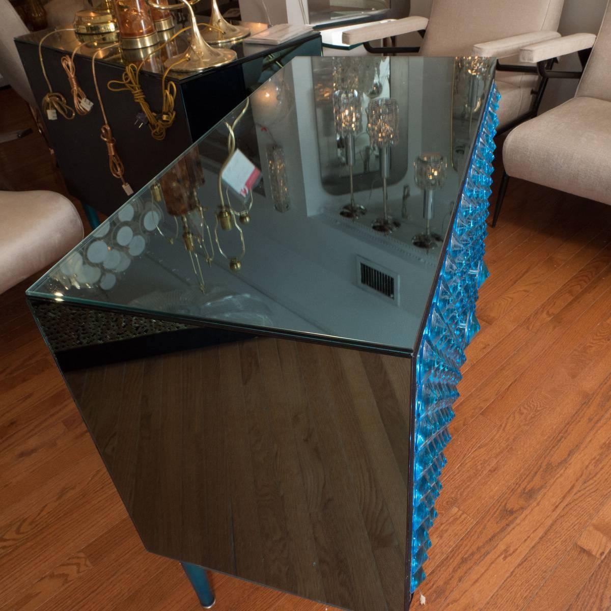 Mid-Century Modern Blue Mirrored Cabinet with Applied Glass Design