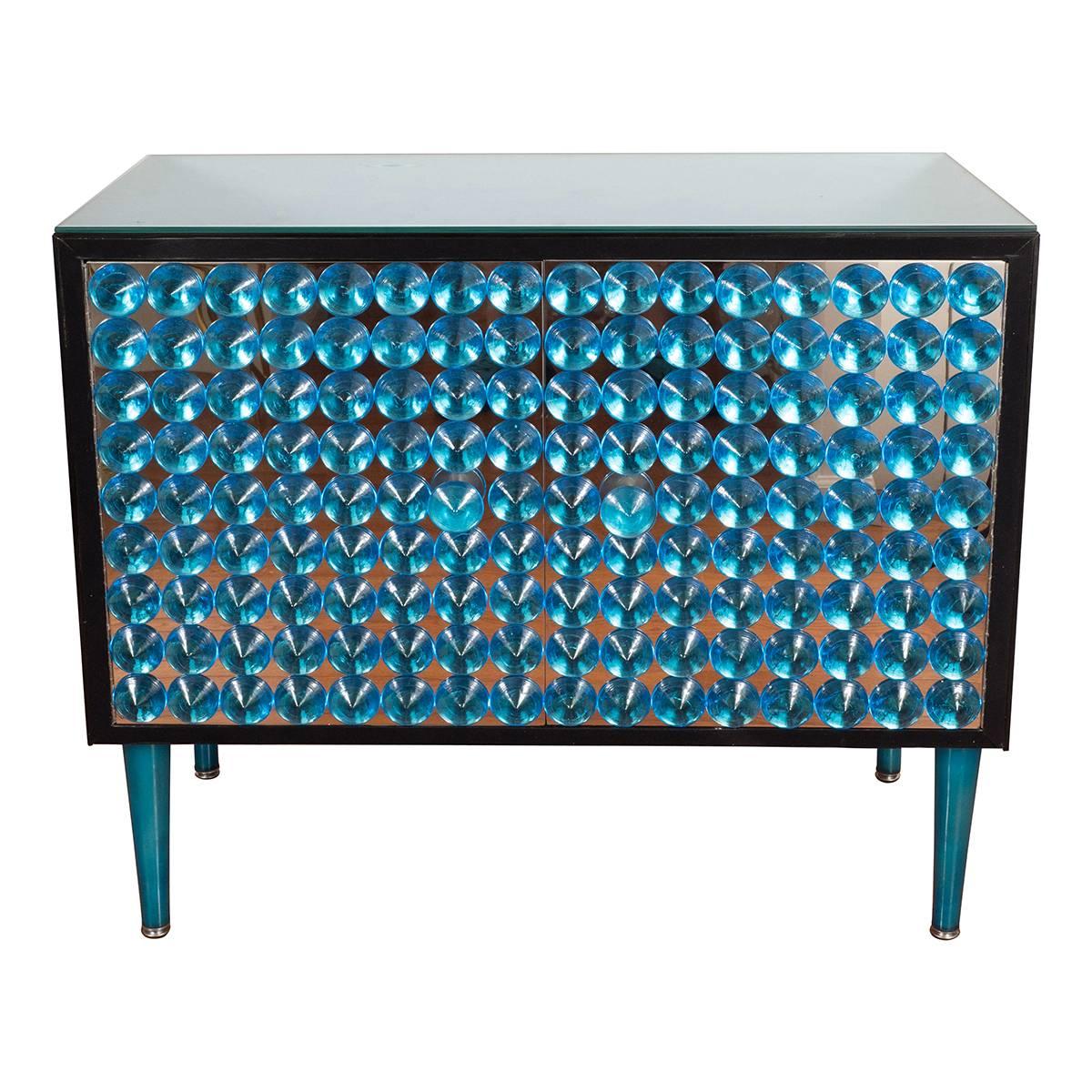 Blue Mirrored Cabinet with Applied Glass Design