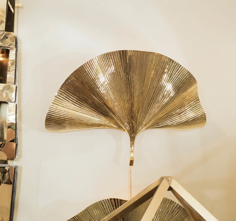 Pair of brass ginkgo leaf sconces by Tommaso Barbi.