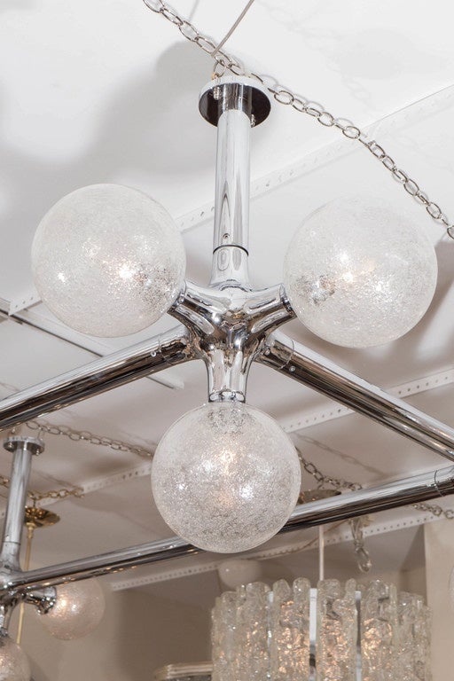 Mid-20th Century Large Chrome Grid Form Chandelier with Clear Glass Globes