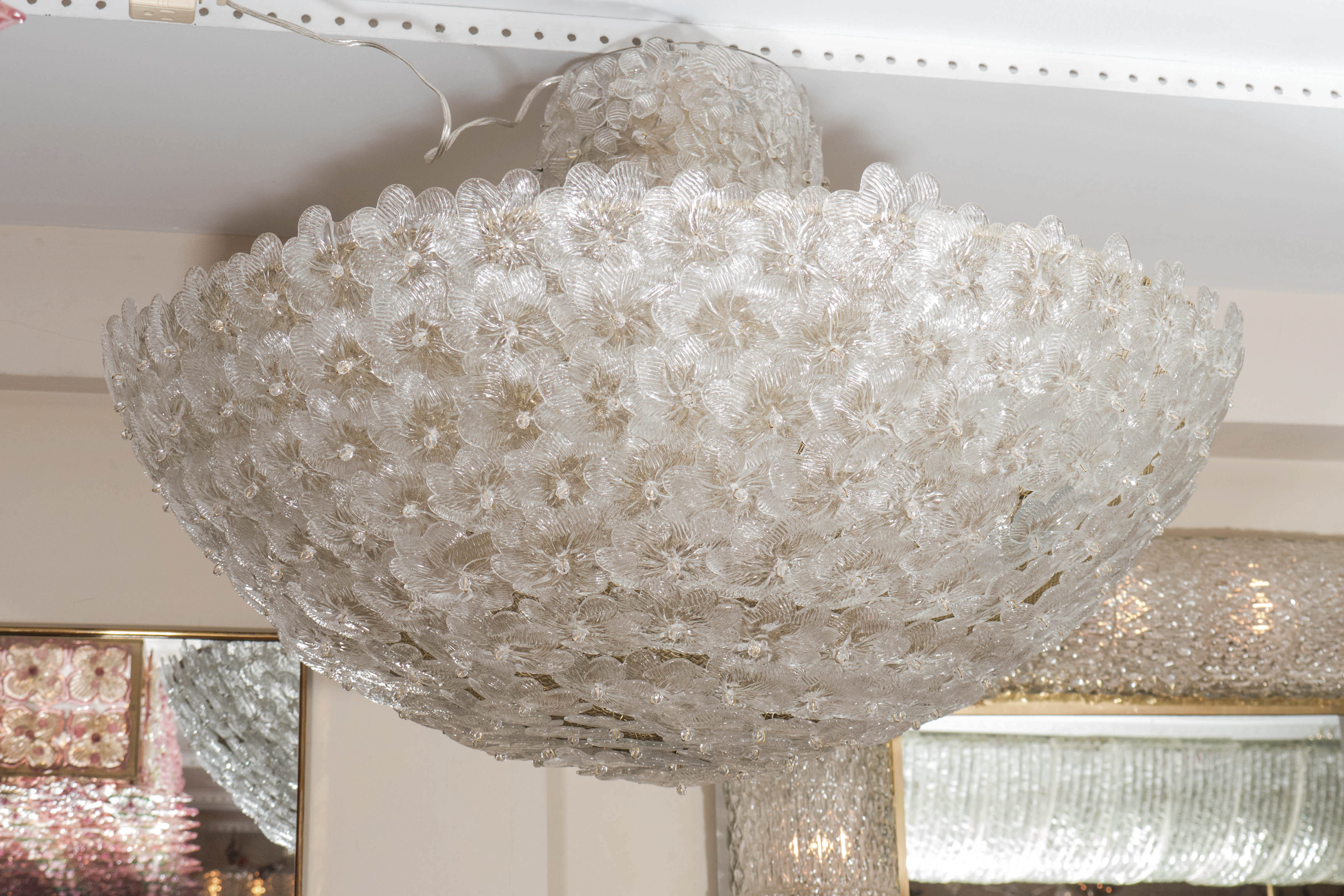 Dome Form Ceiling Fixture Composed of Clear and Frosted Glass Flowers