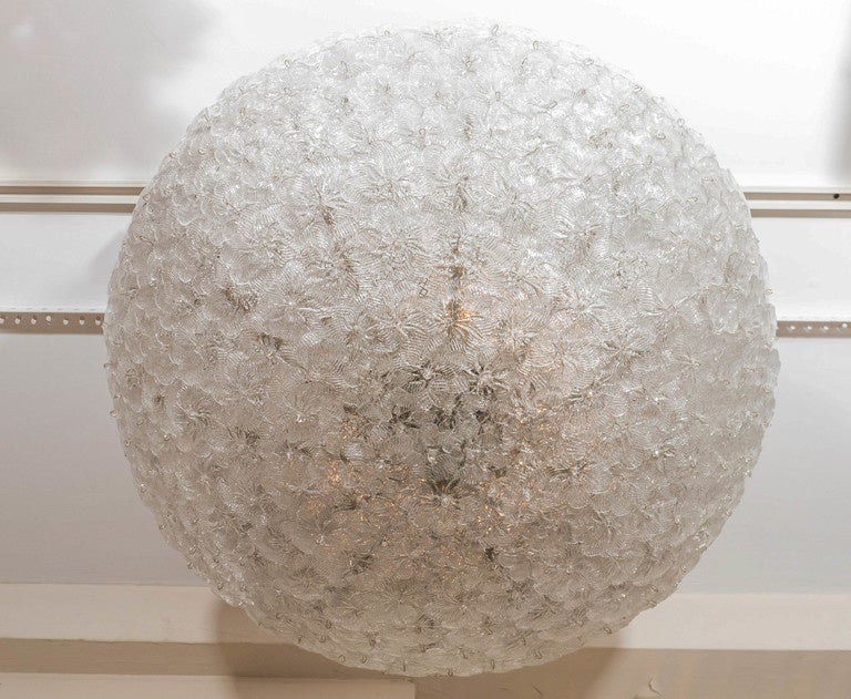 Murano Glass Dome Form Ceiling Fixture Composed of Clear and Frosted Glass Flowers