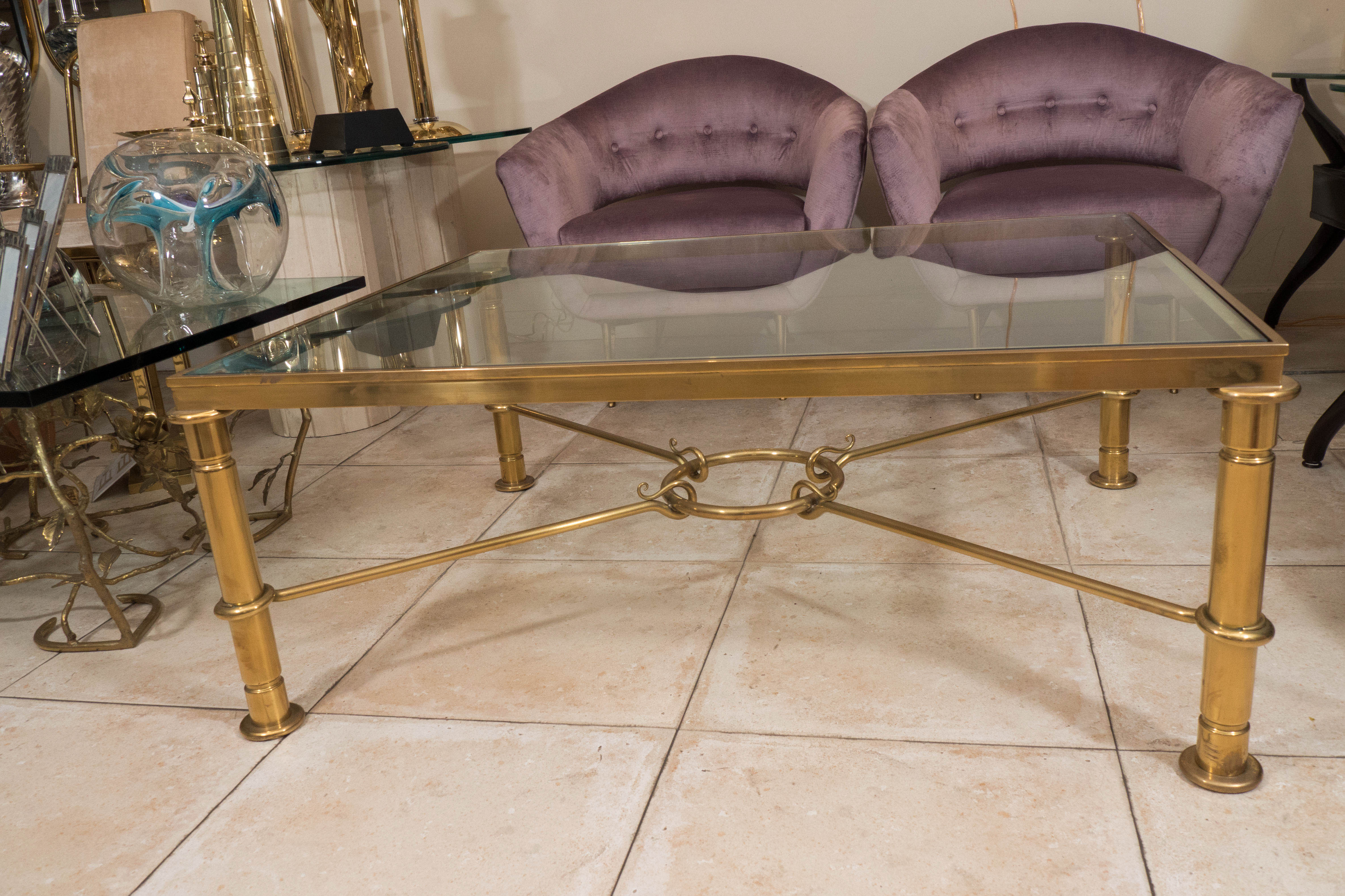 Brass coffee table with cross bar design In Good Condition In New York, NY