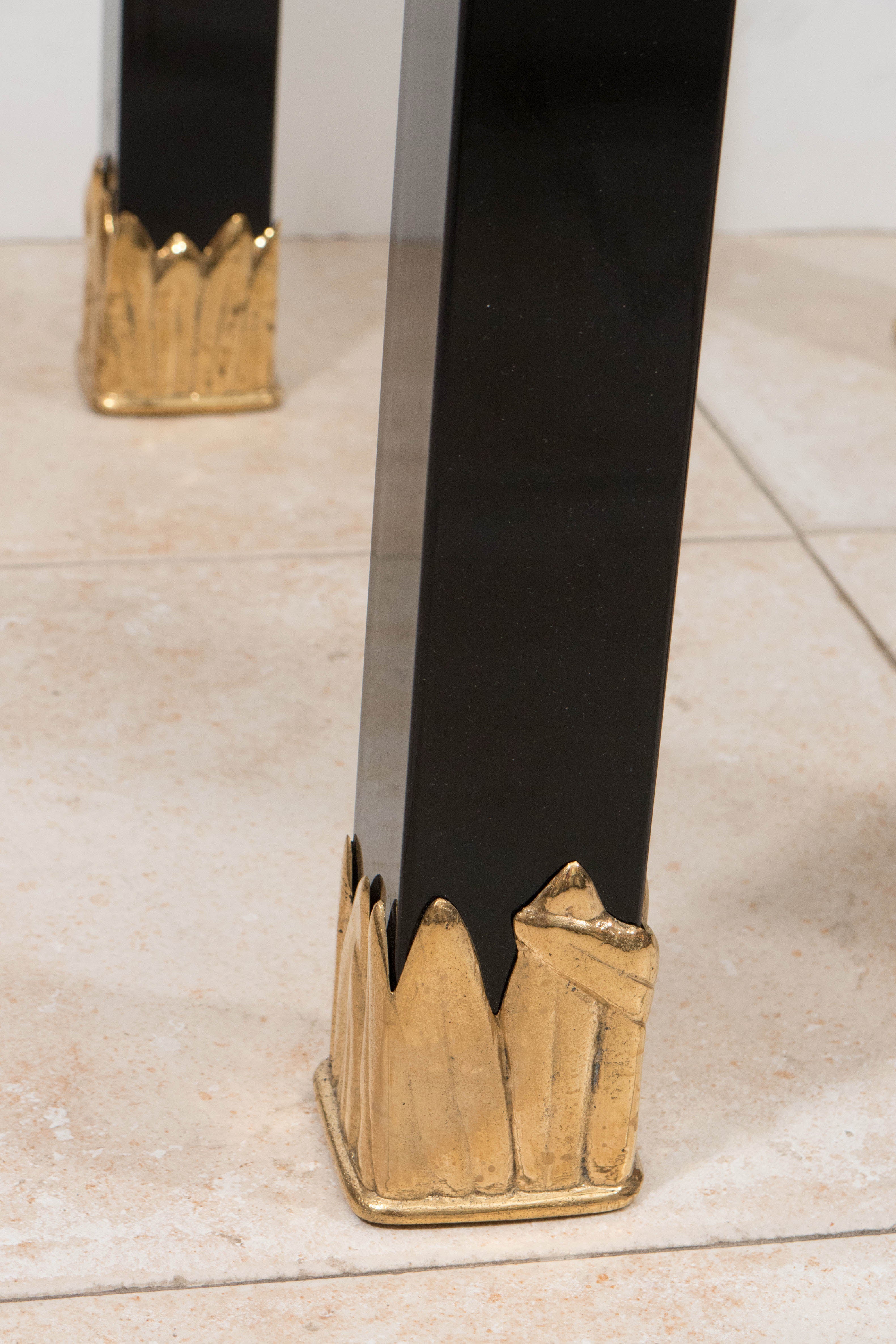 Brass Pair of Black Lacquered Wood and Glass Side Tables