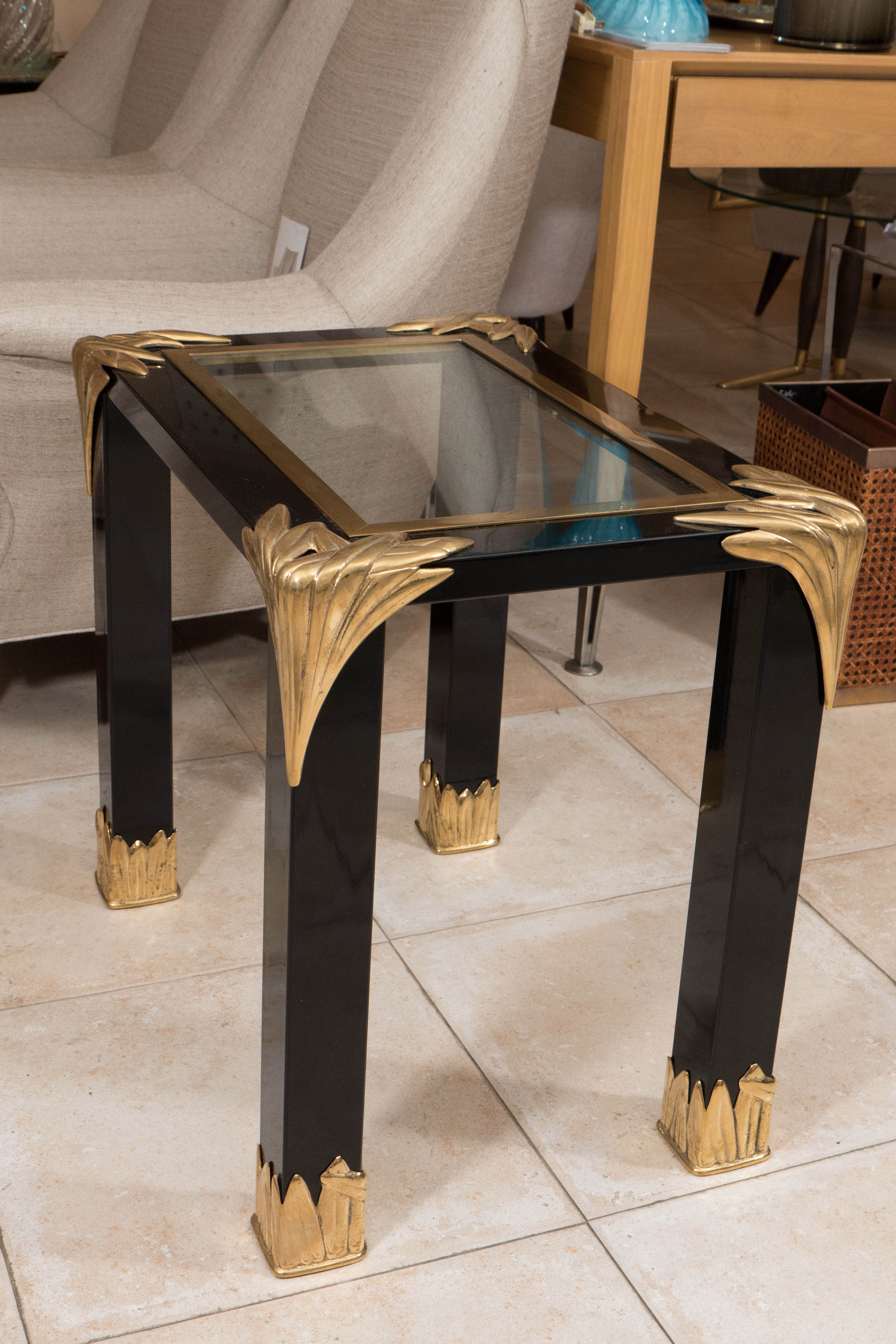 Pair of Black Lacquered Wood and Glass Side Tables 1