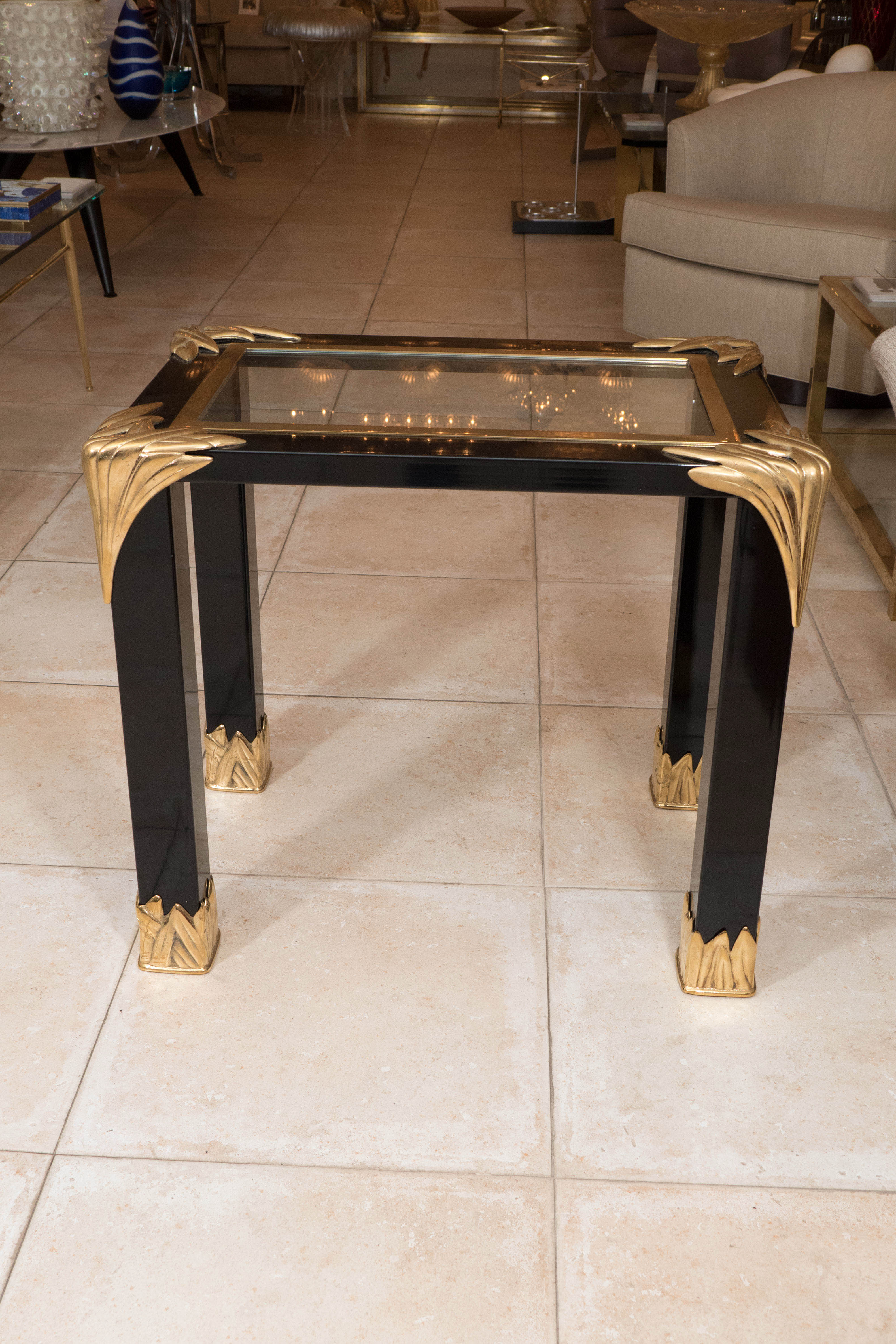 Pair of Black Lacquered Wood and Glass Side Tables 2