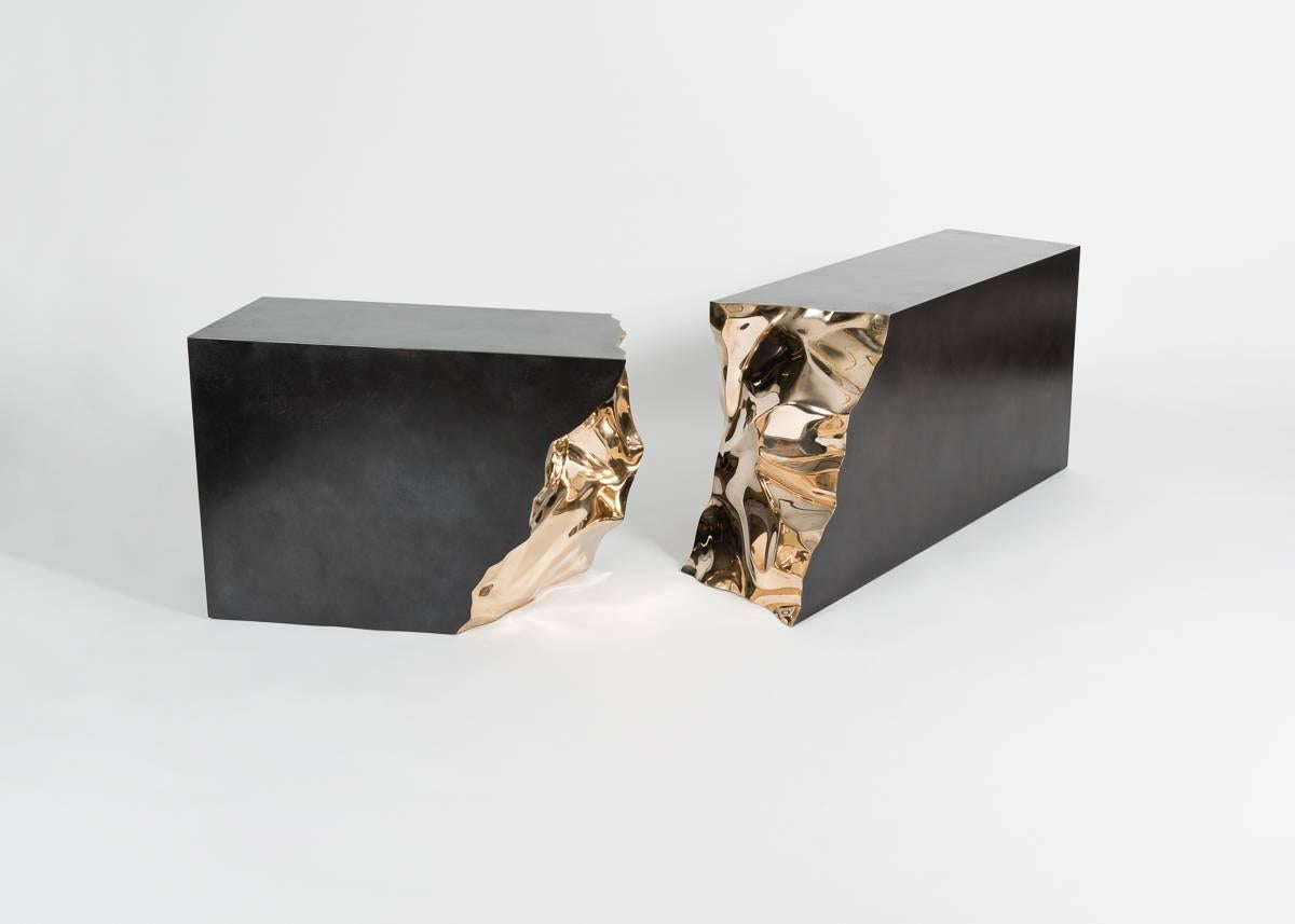 A bench by the innovative designers of Based Upon that separates into in two complementary pieces, and which appears, at its polished 