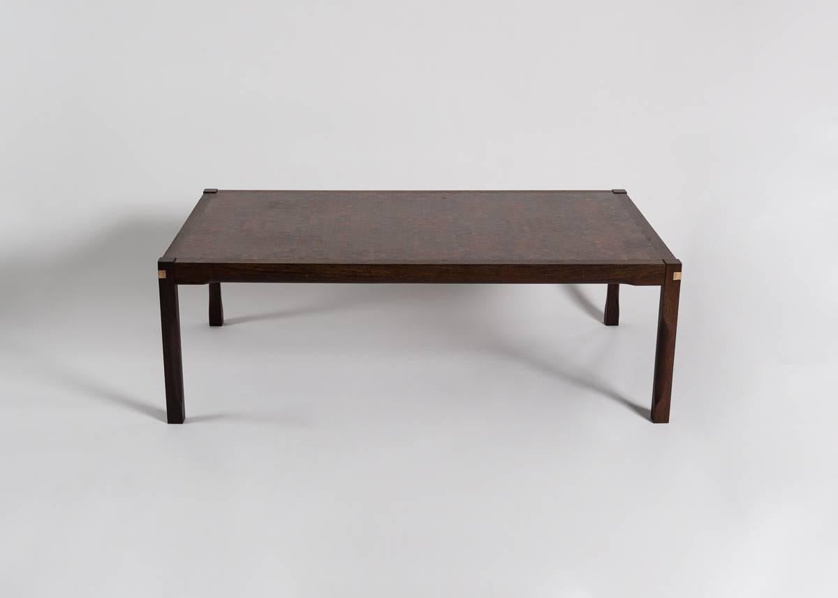 Large rectangular coffee table with butcher block inspired top.