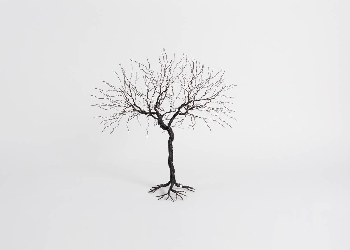 Hand-twisted steel sculpture of a tree.