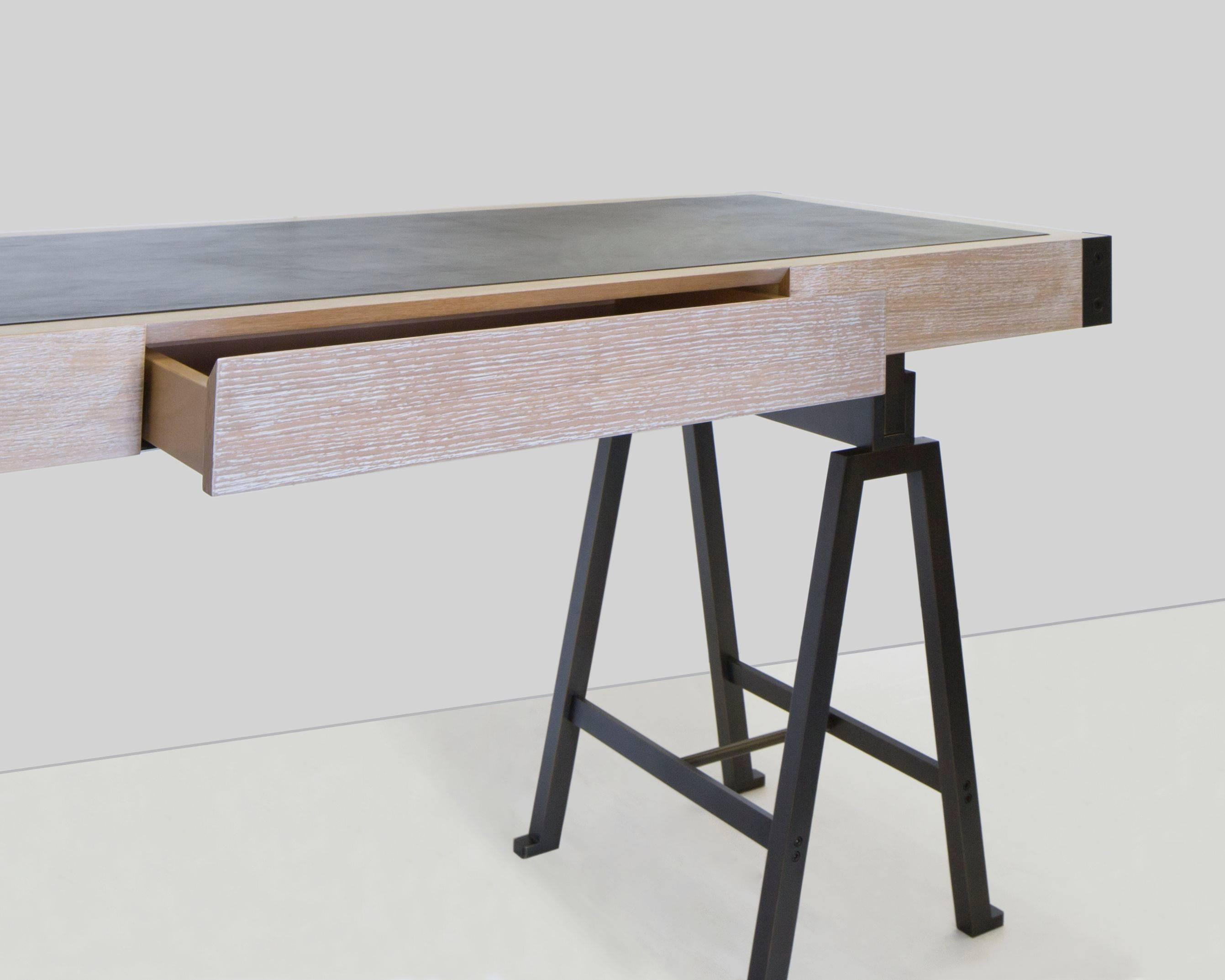 American Bronze and Limed Oak Desk with Leather Top by Mark Zeff