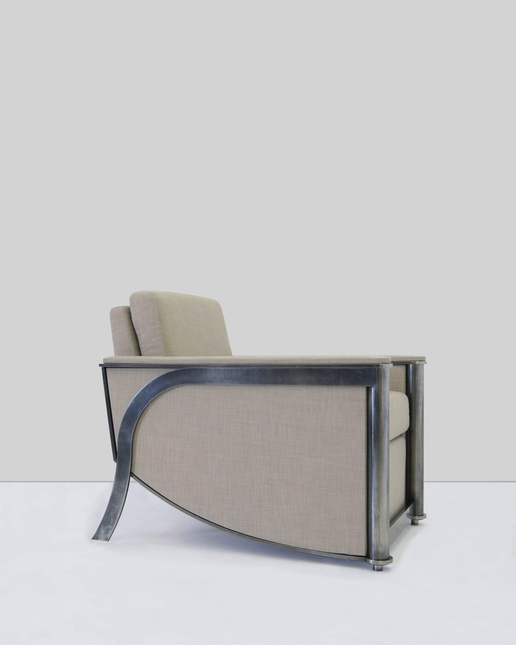 Club chair by Mark Zeff in white bronze and Belgian linen. Please note that this item is made by order.