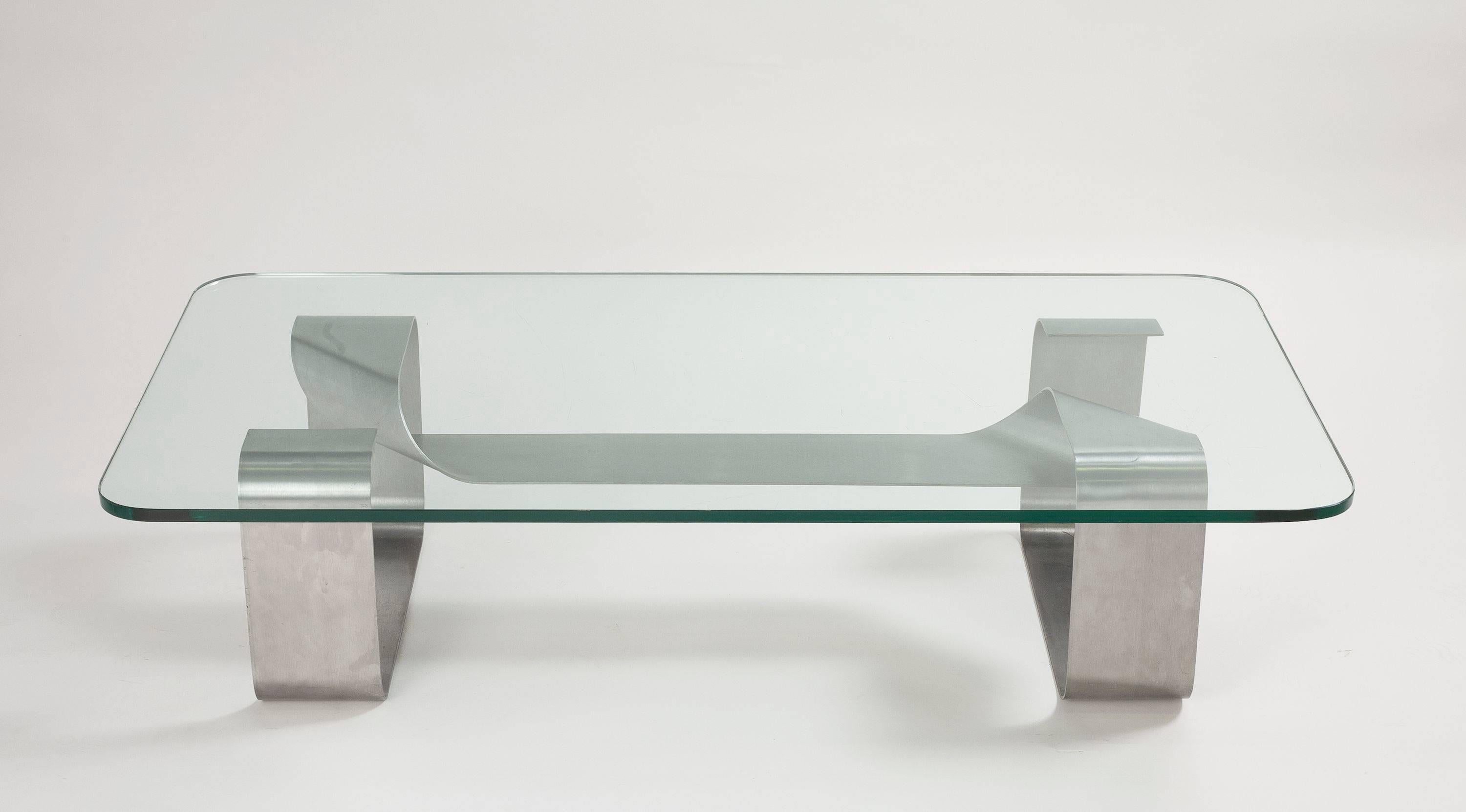 French Steel Coffee Table with Glass Top by Paul Legeard for DOM