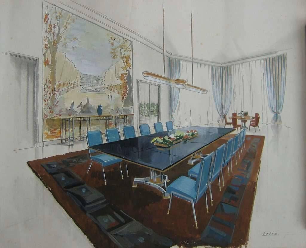 A monumental Aubusson tapestry. Designed for the Villa Médy Roc in Cap d’Antibes (South of France), for which Maison Leleu was chosen to provide new furniture, lighting, and carpets in 1957. This was one of their most significant post-war