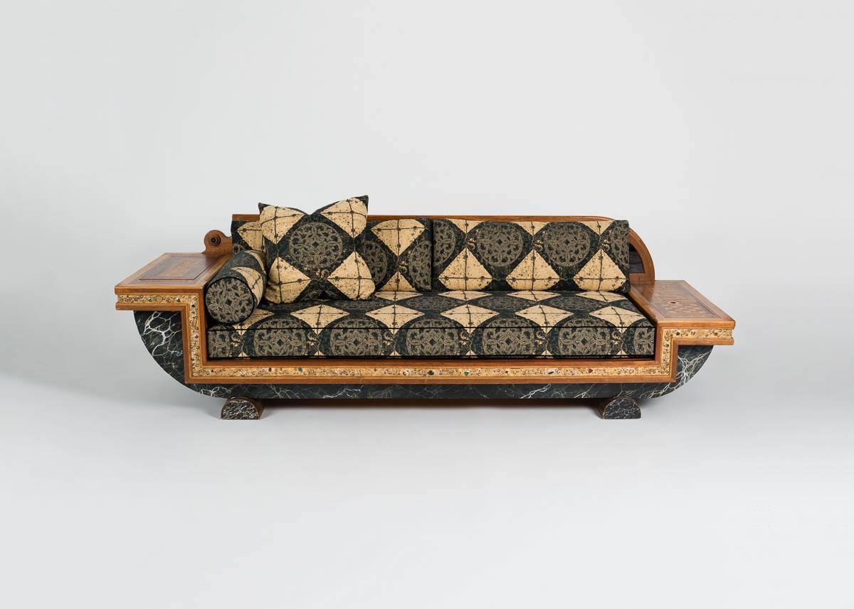 Signed: Pour Natacha / Pucci De Rossi 1984
Unique piece.

This unique sofa mixes the familiar with the historical. Taking on a distinctly asymmetrical style, the look of this piece defies definition. Featuring luscious velvet upholstery and