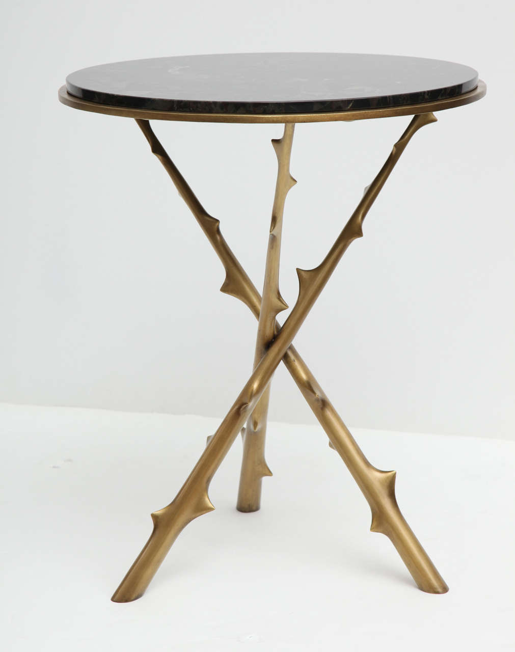 Contemporary tripod side table by Hervé van der Straeten in patinated bronze with a black beauty stone top.

Monogrammed: HV.