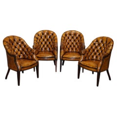 SET OF FOUR ENGLISH CHESTERFIELD HAND DYED LEATHER OFFICE LIBRARY TUB CHAiRS