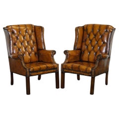 STUNNING 1960'S HAND DYED BROWN LEATHER CHESTERFIELD WINGBACK ARMCHAiRS