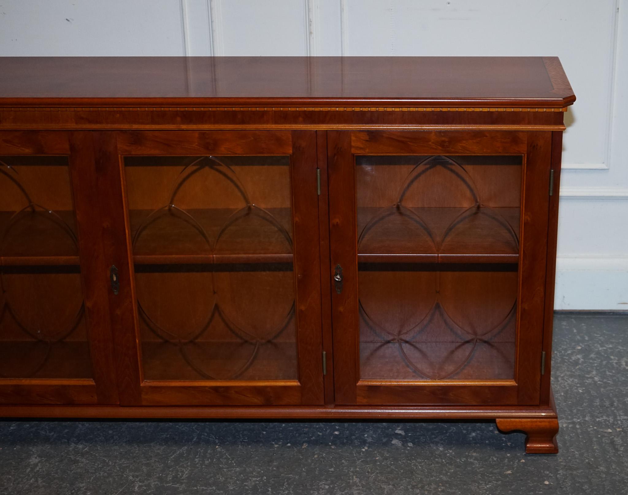 Hand-Crafted VINTAGE YEW WOOD GLAZED BOOKCASE SIDEBOARD TRIPLE DOOR DISPLAY CABiNET For Sale