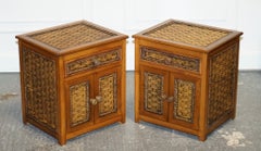 VINTAGE PAIR OF WICKER OR RATTAN NIGHTSTANDS BEDSiDE TABLES CUPBOARD & DRAWER