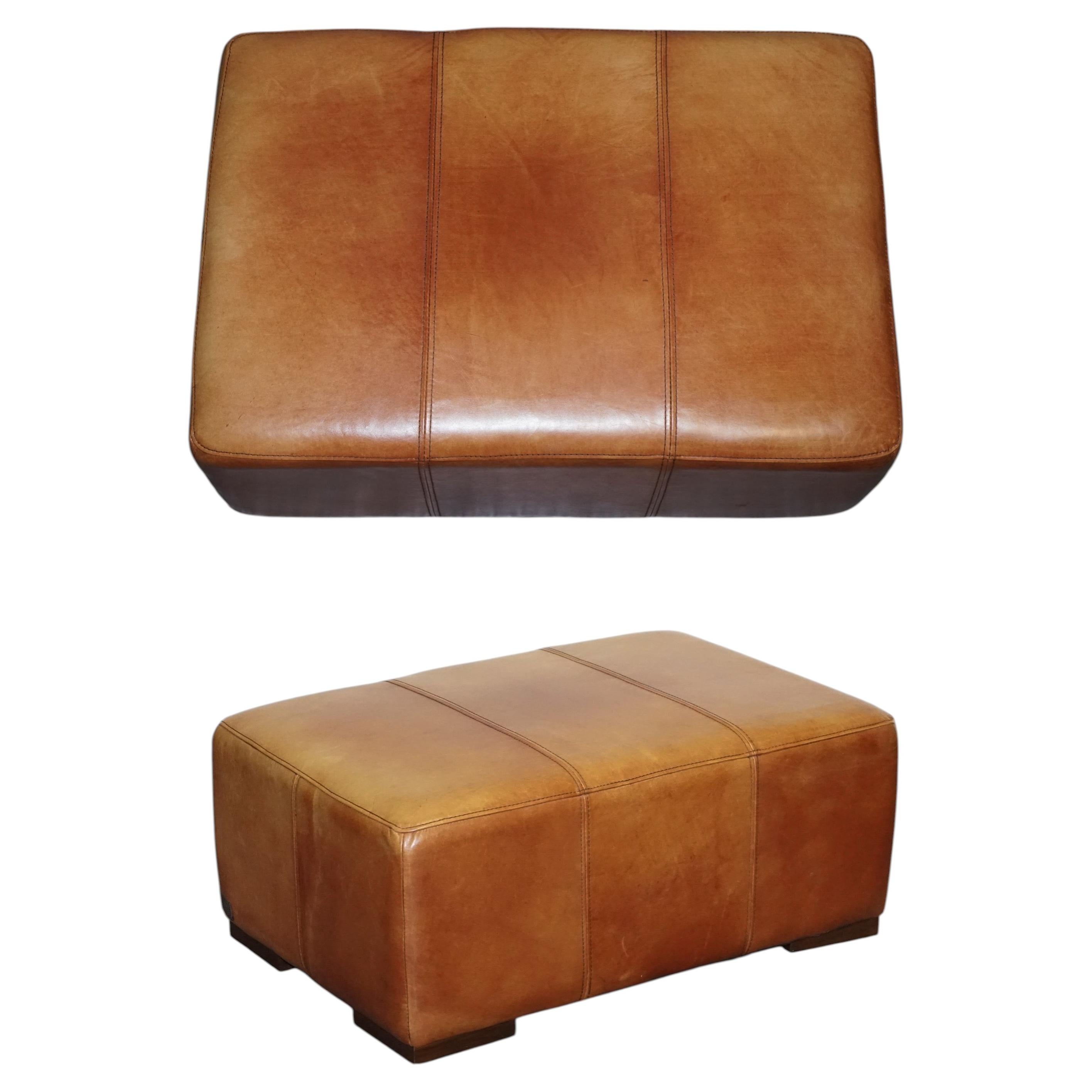 HALO ViNTAGE LARGE TAN LEATHER FOOTSTOOL OTTOMAN MADE For Sale