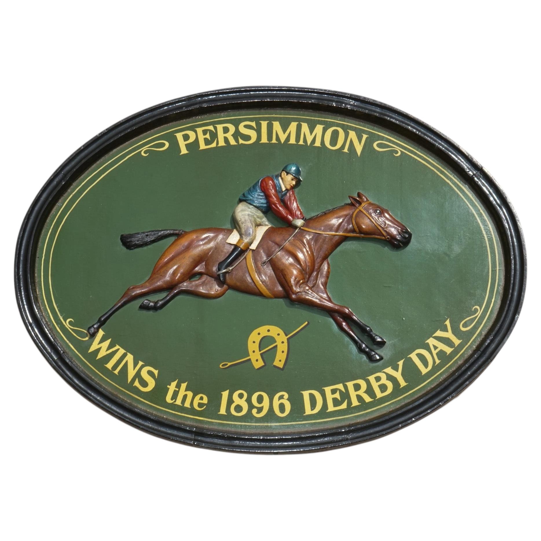 ORIGINAL 1960'S COUNTRY CORNER PUB SIGN PERSIMMON 1896 DERBY DAY SOLiD WOOD For Sale