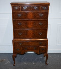 ANTIQUE GEORGIAN STYLE BURR WALNUT CHEST ON STAND WiTH QUEEN ANNE LEGS