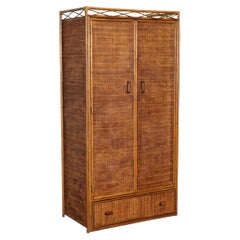 VINTAGE RATTAN AND CANE TWO DOOR AMOIRE OR WARDROBE WiTH ONE DRAWER