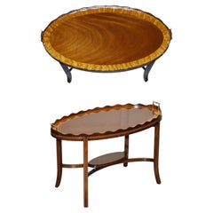 ANTIQUE RESTORED GEORGE III OVL SERVING TRAY AND TABLE WiTH SCALLOPED GALLERY