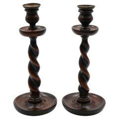 EARLY ViCTORIAN PAIR OF ENGLISH OAK BARLEY TWIST CANDLE STiCKS (3)