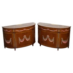 FINE SUBSTANTIAL PAIR OF HAND PAINTED DEMI LUNE SHERATON STYLE CONSOLE CABiNETS