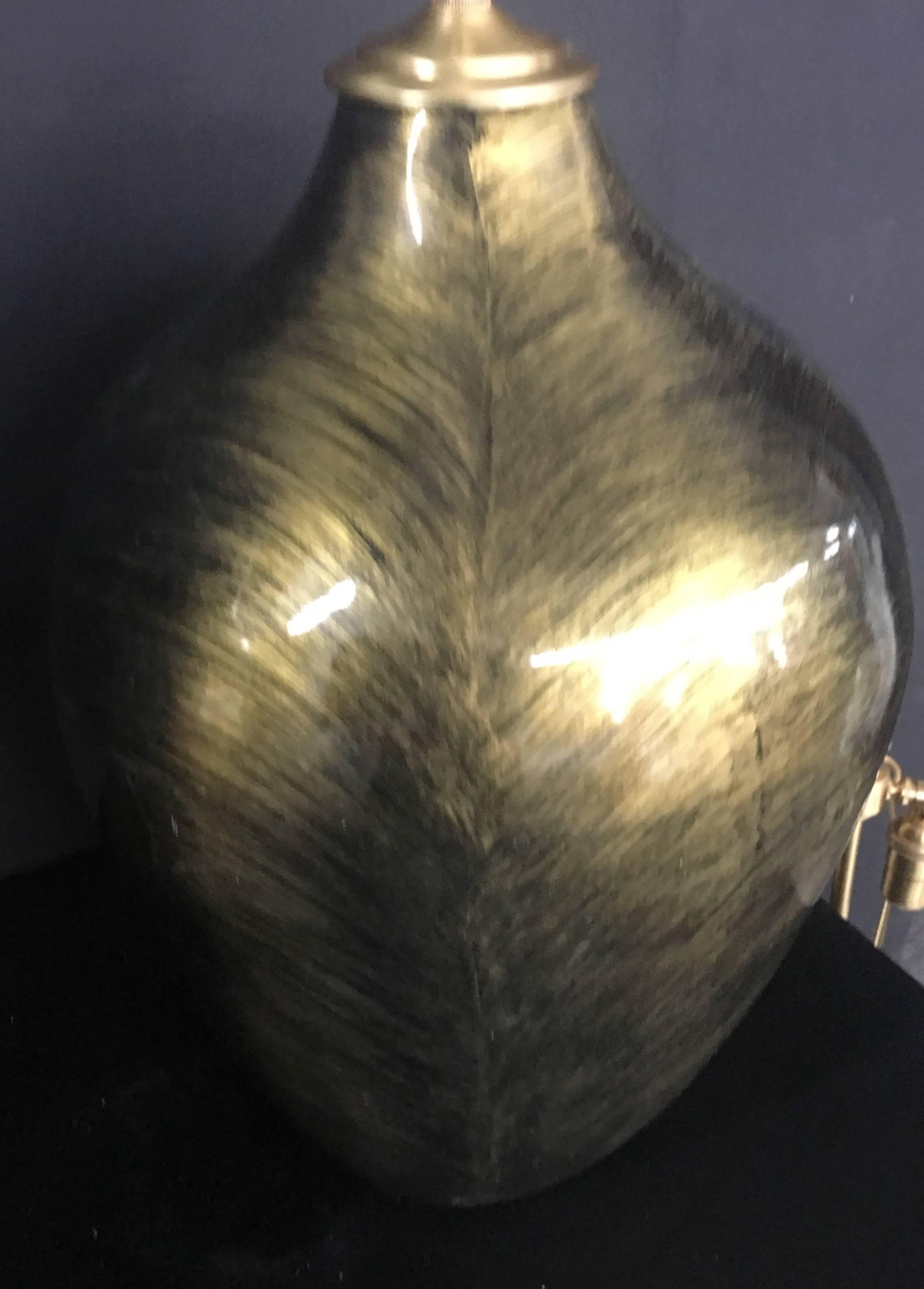 Pair of Luminescent Gold and Black Glazed Orbs with Lamp Application In Good Condition For Sale In Bronx, NY