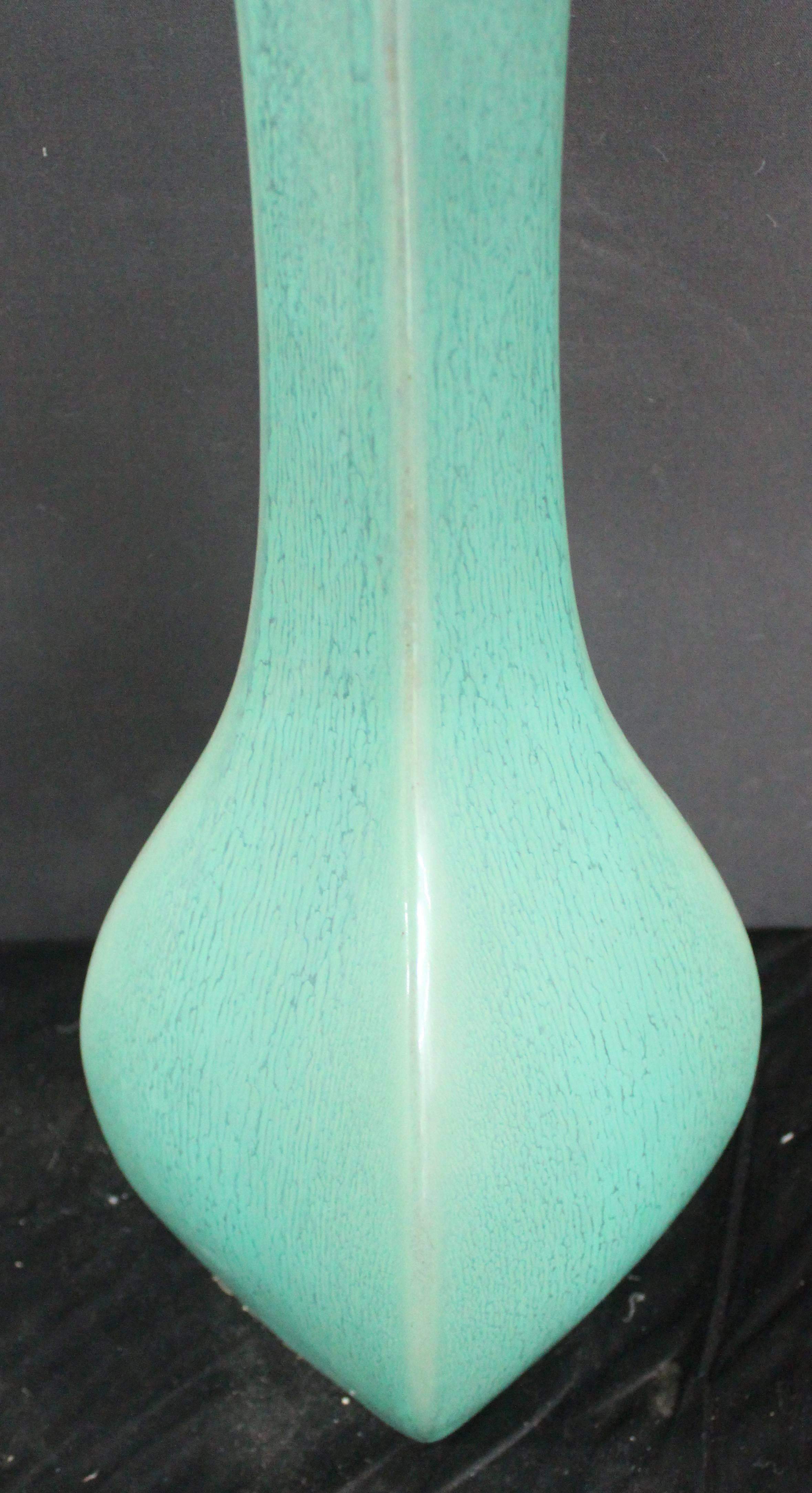 French A  long neck Ceramic Glazed vase  with Lamp application. For Sale