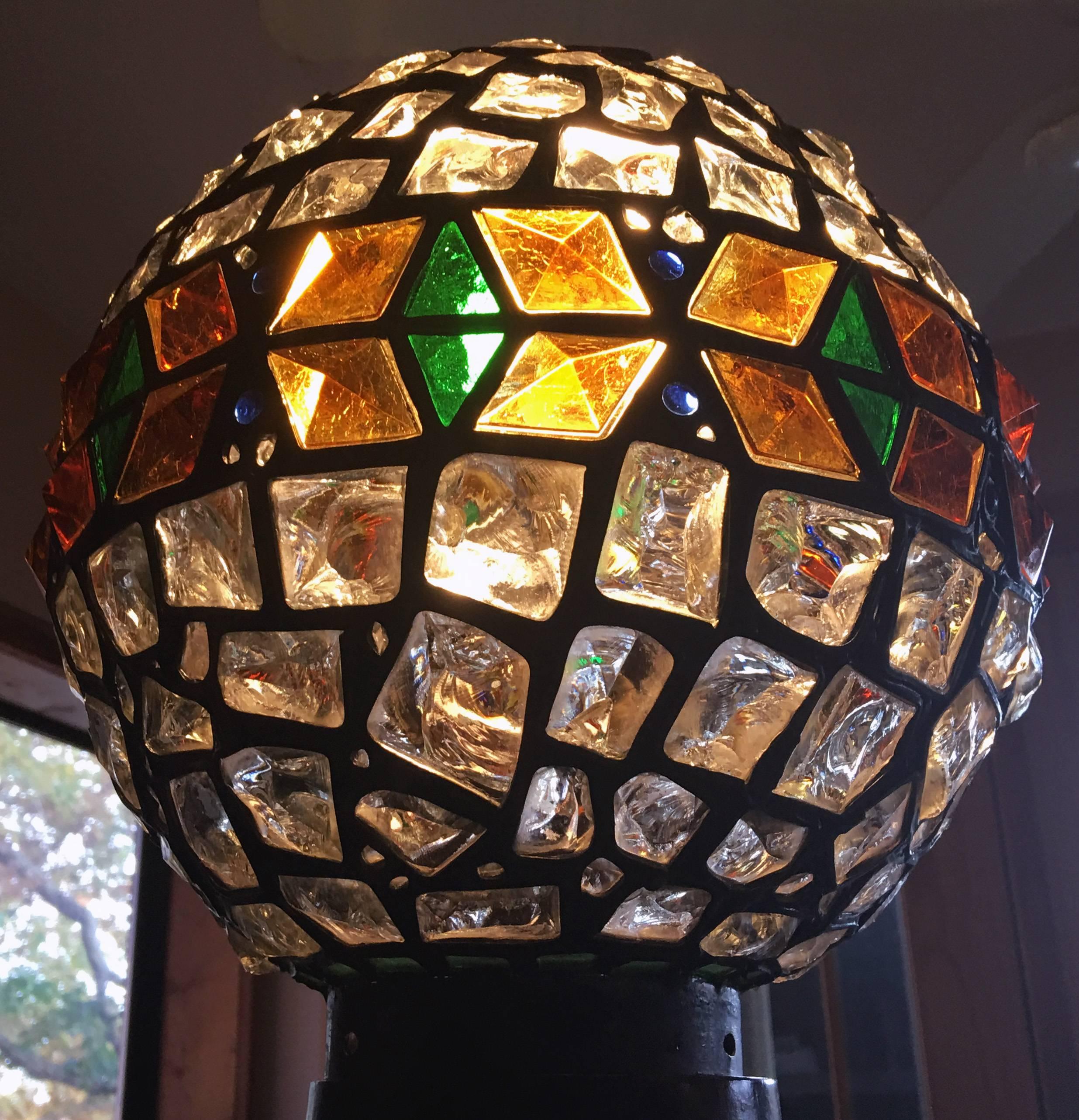 Unique, vibrant Hungarian chunk glass globe for ceiling or post fixture.