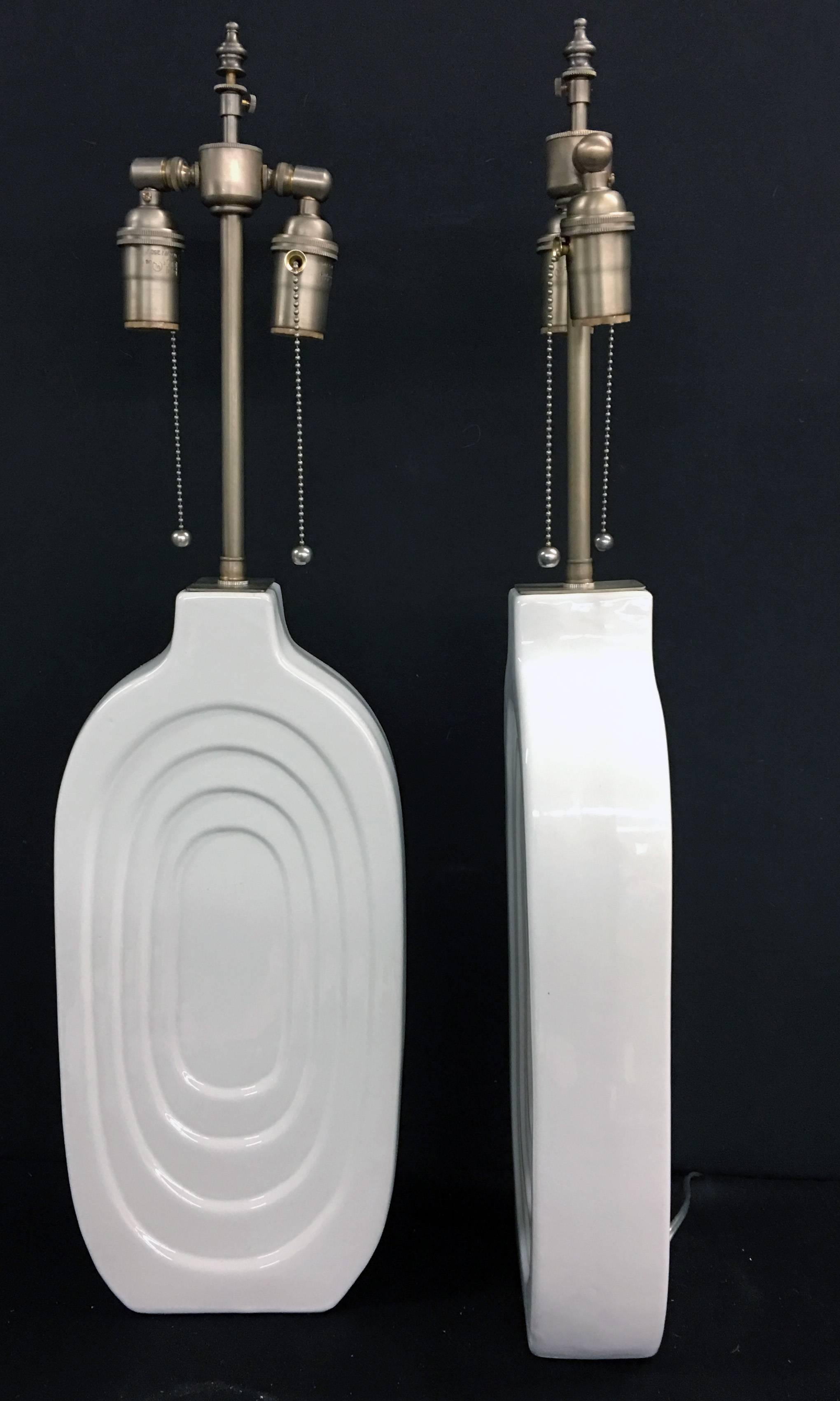 Unknown Unique Pair of White Ceramic, Glazed Mid-Century Vessels with Lamp Application